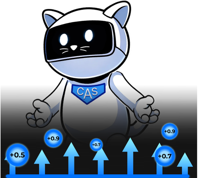 CAS.AI cat mascot with ARPU 2x boost chart