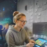 Smiling developer testing a kids app on a tablet with a “Level Complete” screen—symbolizing growth in Kids Mobile Games