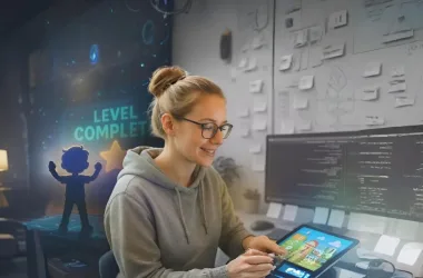 Smiling developer testing a kids app on a tablet with a “Level Complete” screen—symbolizing growth in Kids Mobile Games