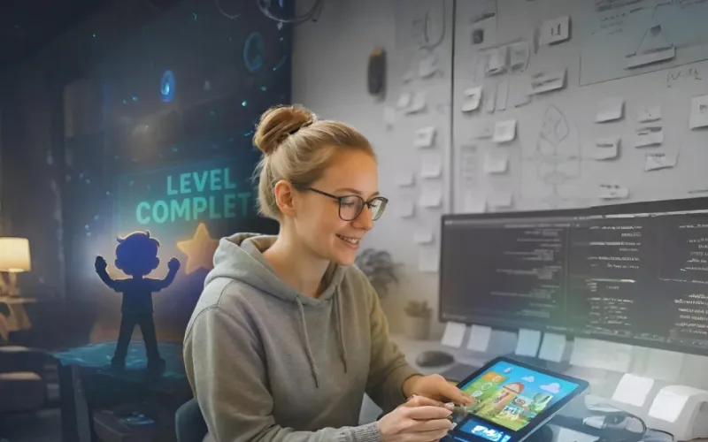 Smiling developer testing a kids app on a tablet with a “Level Complete” screen—symbolizing growth in Kids Mobile Games