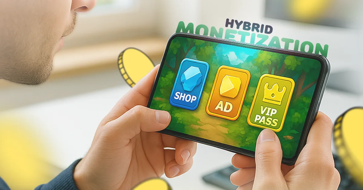 Hybrid monetization in mobile games — shop, ad, and VIP pass buttons on a phone screen