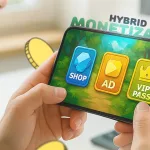 Hybrid monetization in mobile games — shop, ad, and VIP pass buttons on a phone screen