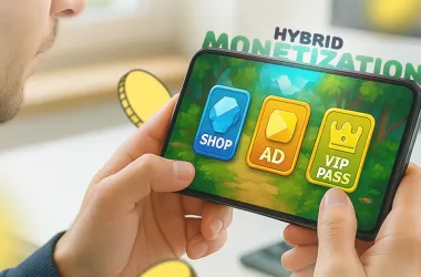 Hybrid monetization in mobile games — shop, ad, and VIP pass buttons on a phone screen