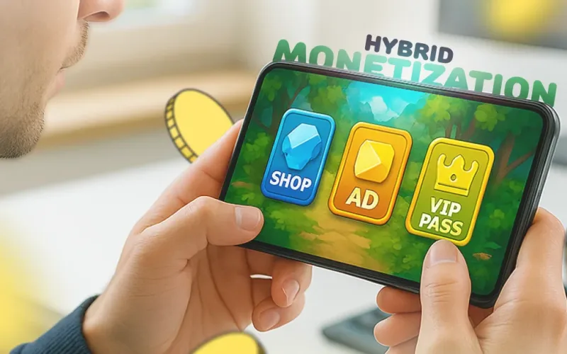 Hybrid monetization in mobile games — shop, ad, and VIP pass buttons on a phone screen