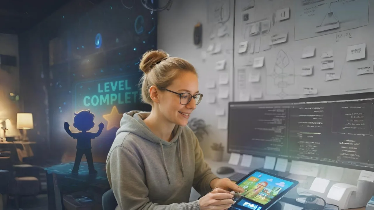 Smiling developer testing a kids app on a tablet with a “Level Complete” screen—symbolizing growth in Kids Mobile Games