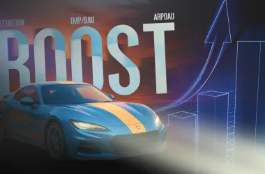 racing growth blueprint: blue car with BOOST text and upward chart showing higher D1/D7 retention, imp/DAU, and ARPDAU