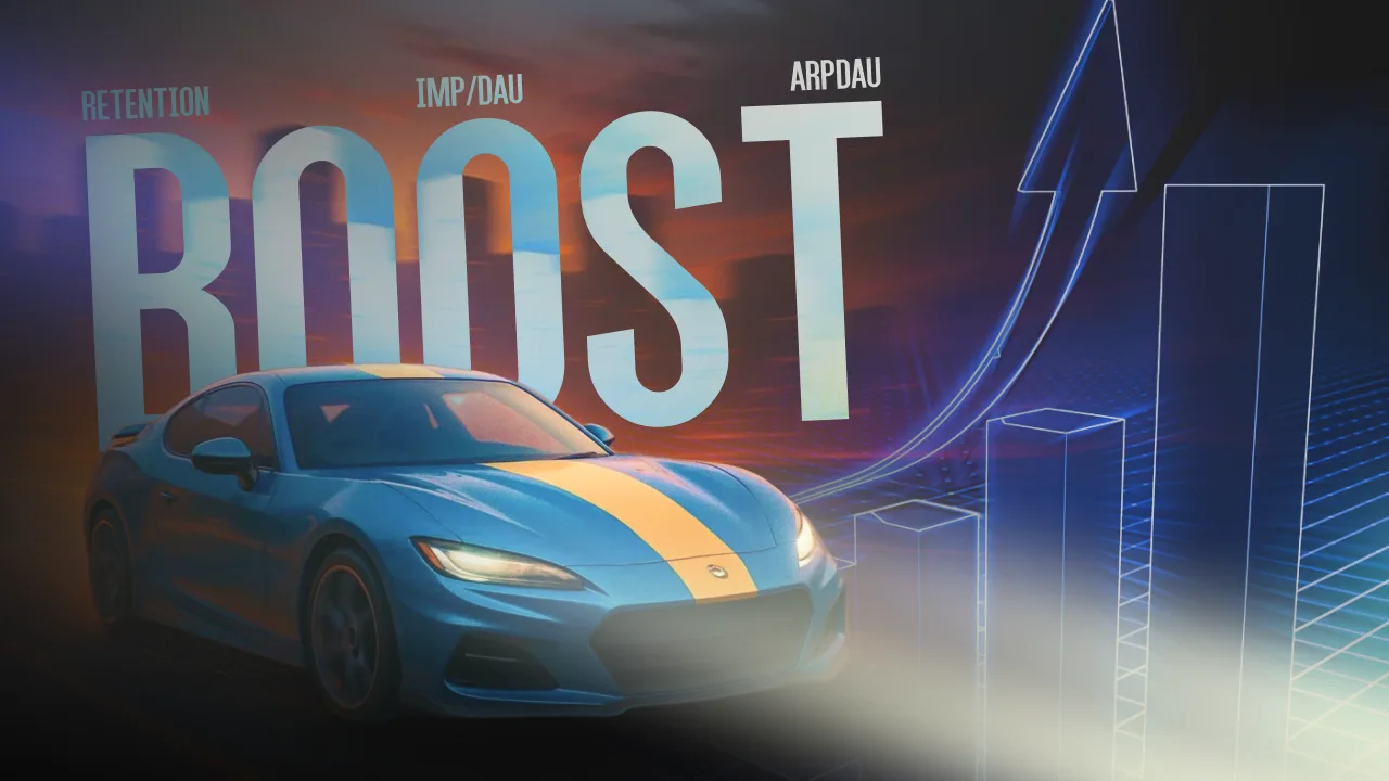 racing growth blueprint: blue car with BOOST text and upward chart showing higher D1/D7 retention, imp/DAU, and ARPDAU