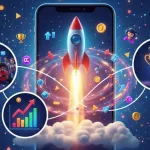 Mobile game publishing illustration with a rocket launch, player community, growth chart, and trophy symbolizing game scaling.