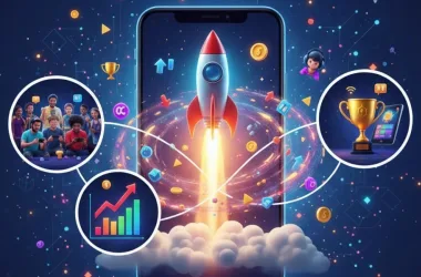 Mobile game publishing illustration with a rocket launch, player community, growth chart, and trophy symbolizing game scaling.