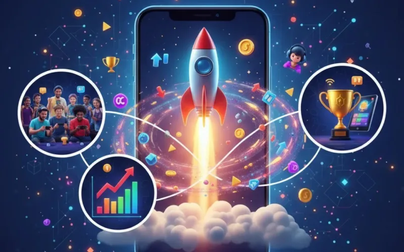 Mobile game publishing illustration with a rocket launch, player community, growth chart, and trophy symbolizing game scaling.