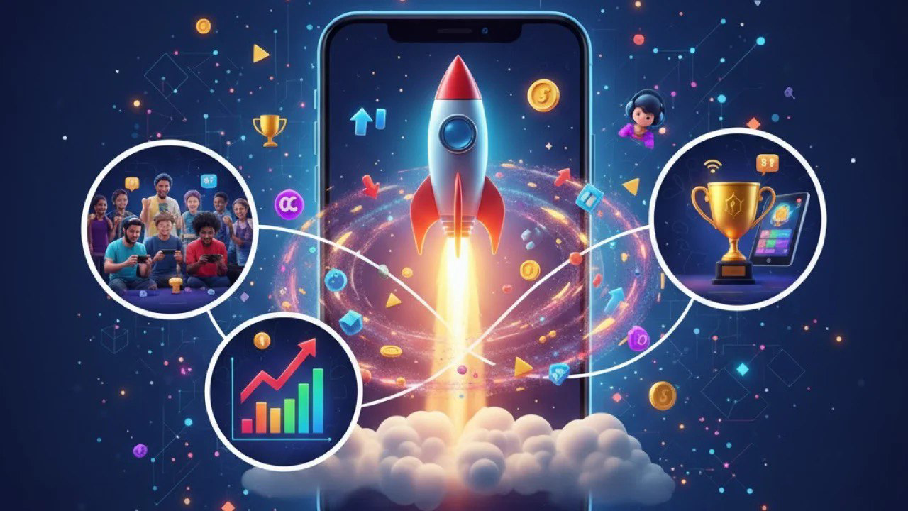 Mobile game publishing illustration with a rocket launch, player community, growth chart, and trophy symbolizing game scaling.