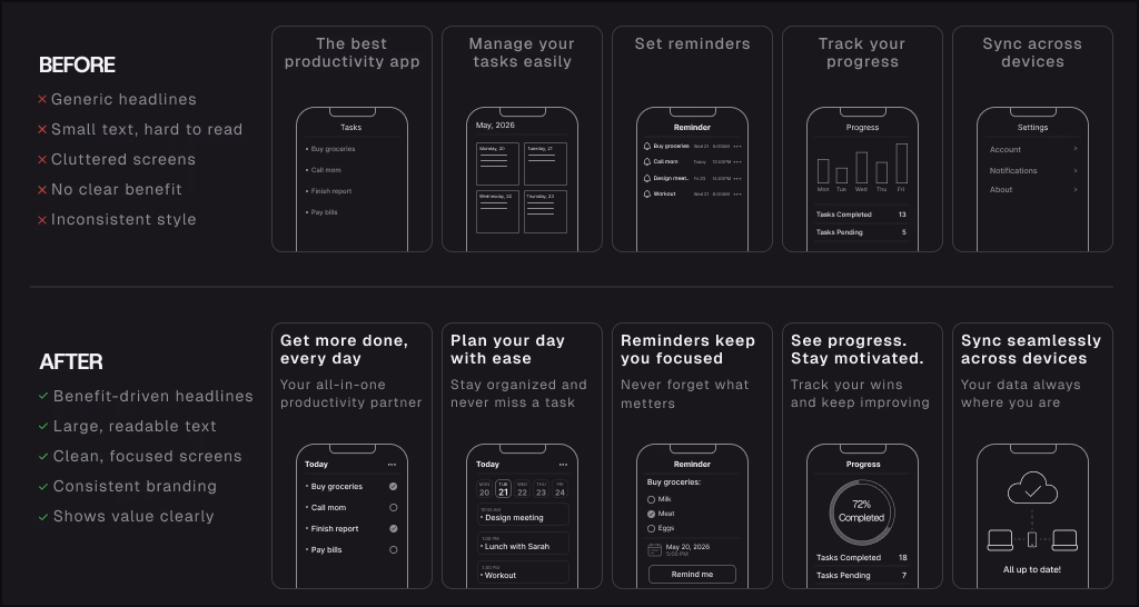 Mobile app store optimization layout showing app preview screens and features
