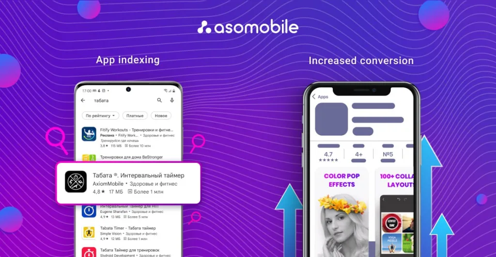 ASOMobile showing how app indexing in Google Play and visual optimization in the App Store improve visibility and conversion rates