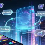 Mobile game publishing workflow banner showing user acquisition, creatives, monetization, analytics, and ROAS around a mobile game dashboard in a futuristic UI.