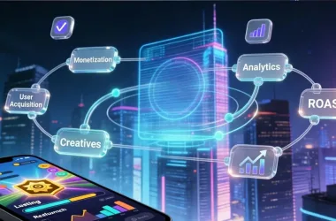 Mobile game publishing workflow banner showing user acquisition, creatives, monetization, analytics, and ROAS around a mobile game dashboard in a futuristic UI.