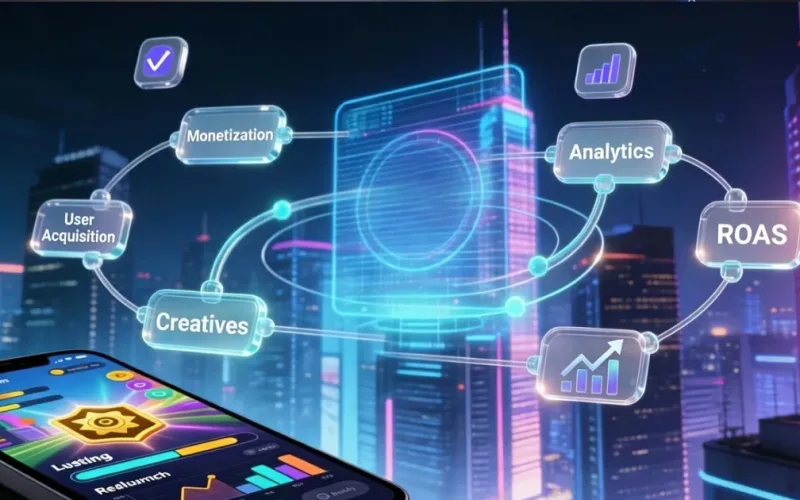 Mobile game publishing workflow banner showing user acquisition, creatives, monetization, analytics, and ROAS around a mobile game dashboard in a futuristic UI.