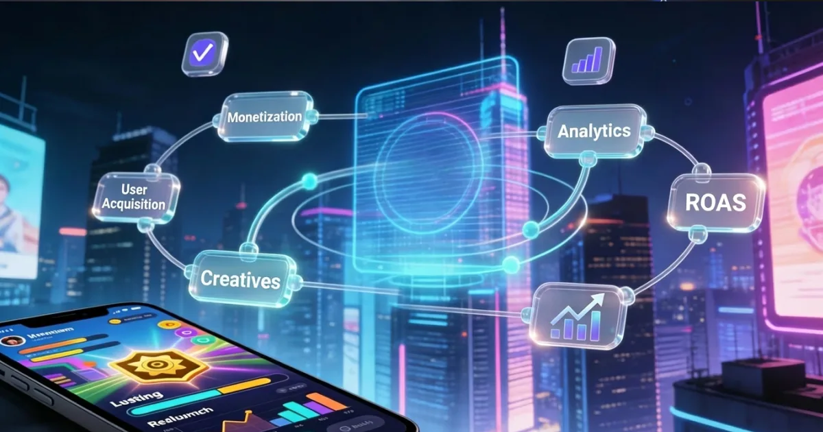 Mobile game publishing workflow banner showing user acquisition, creatives, monetization, analytics, and ROAS around a mobile game dashboard in a futuristic UI.
