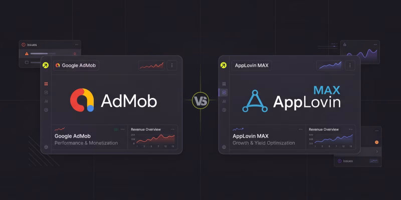 Google AdMob vs AppLovin MAX comparison banner showing ad network logos.