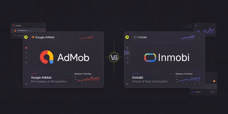 A side-by-side comparison banner featuring the logos of Google AdMob and InMobi mobile ad networks.