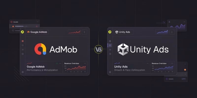 A brand comparison graphic showing the Google AdMob logo on the left and the Unity Ads logo on the right.