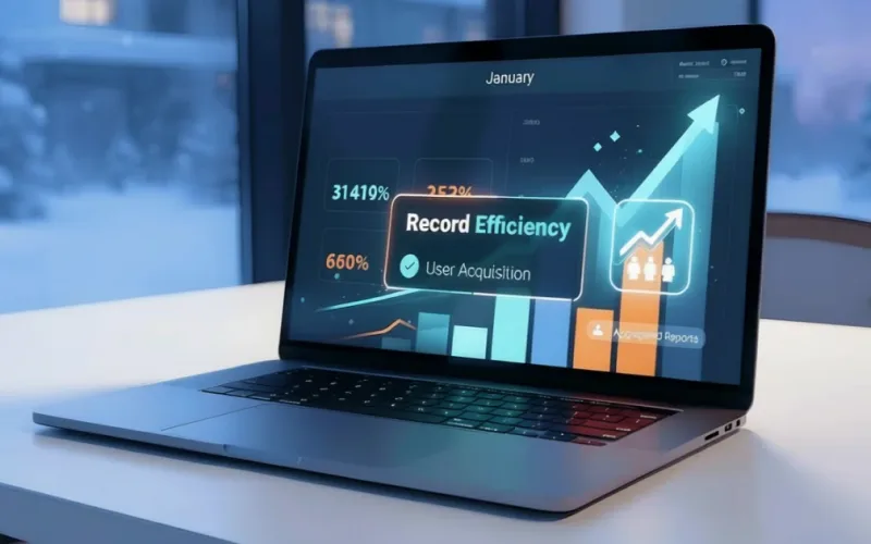 January UA efficiency at Black Friday level — laptop analytics dashboard showing record user acquisition performance — CAS.ai