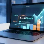 Laptop displaying data charts for user acquisition efficiency and mobile app monetization performance analytics.