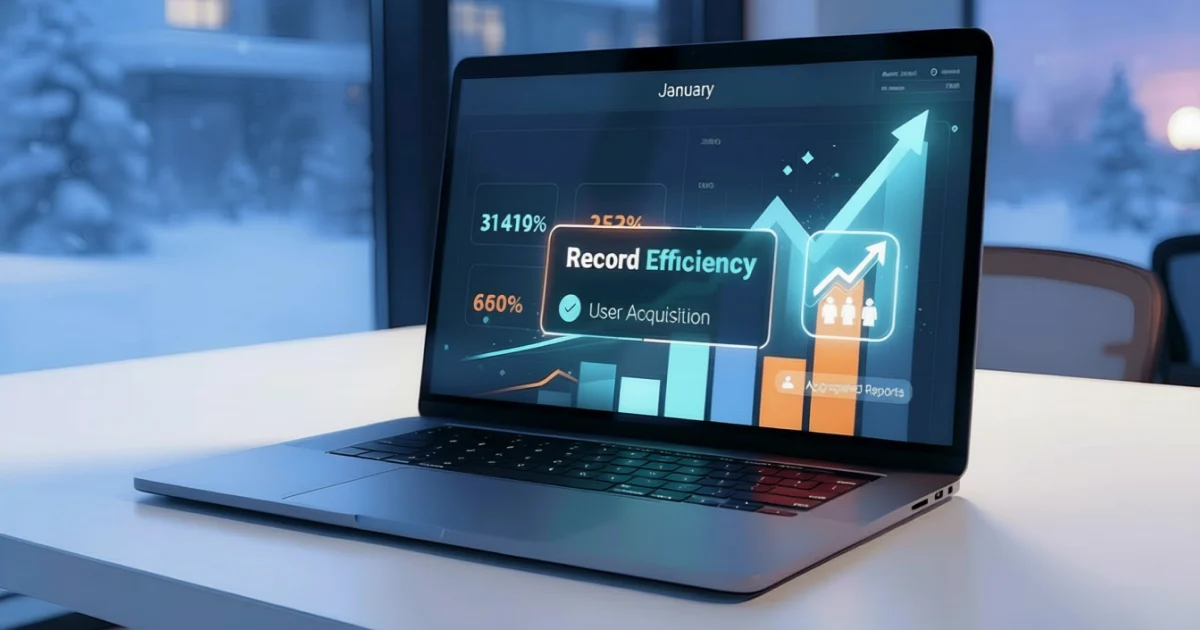 January UA efficiency at Black Friday level — laptop analytics dashboard showing record user acquisition performance — CAS.ai
