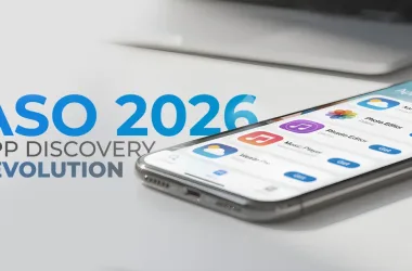 ASO 2026: app discovery revolution banner with an iPhone App Store screen