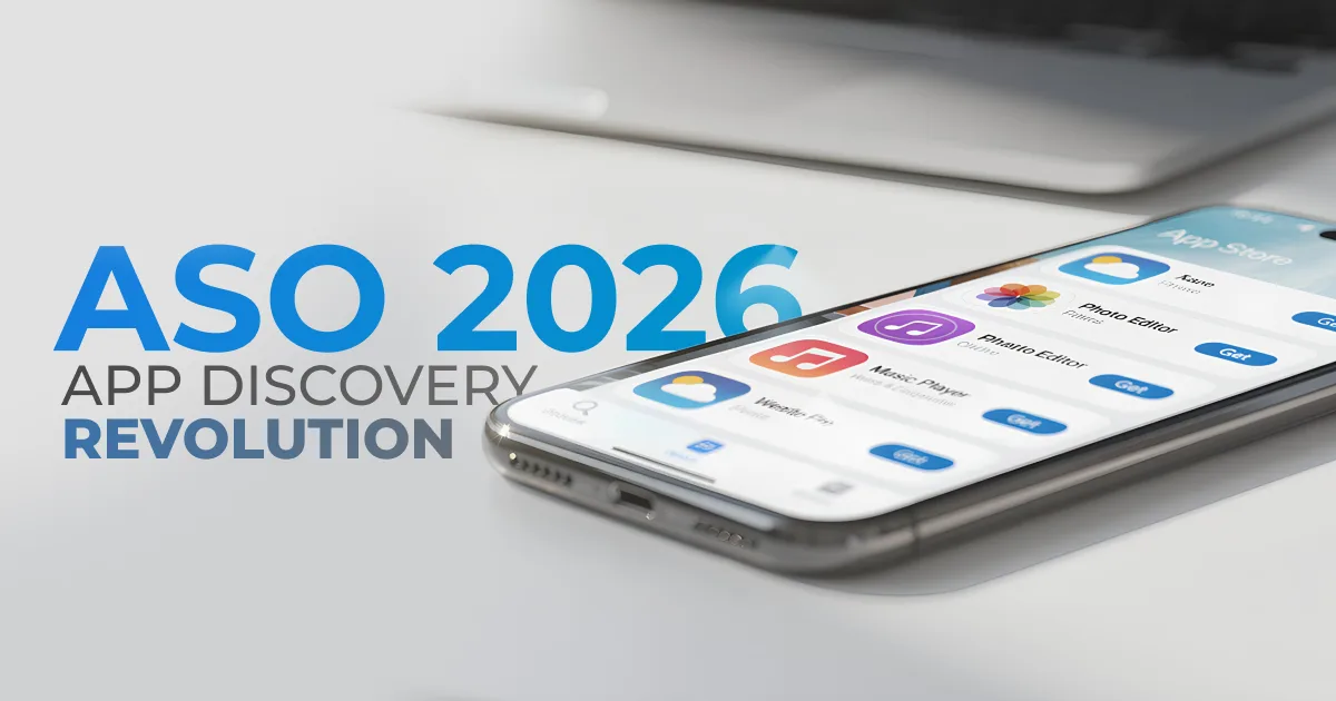 ASO 2026: app discovery revolution banner with an iPhone App Store screen