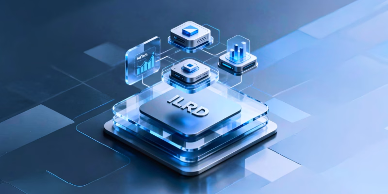 Abstract 3D digital technology platform block representing ILRD Impression Level Revenue Data for mobile game monetization.