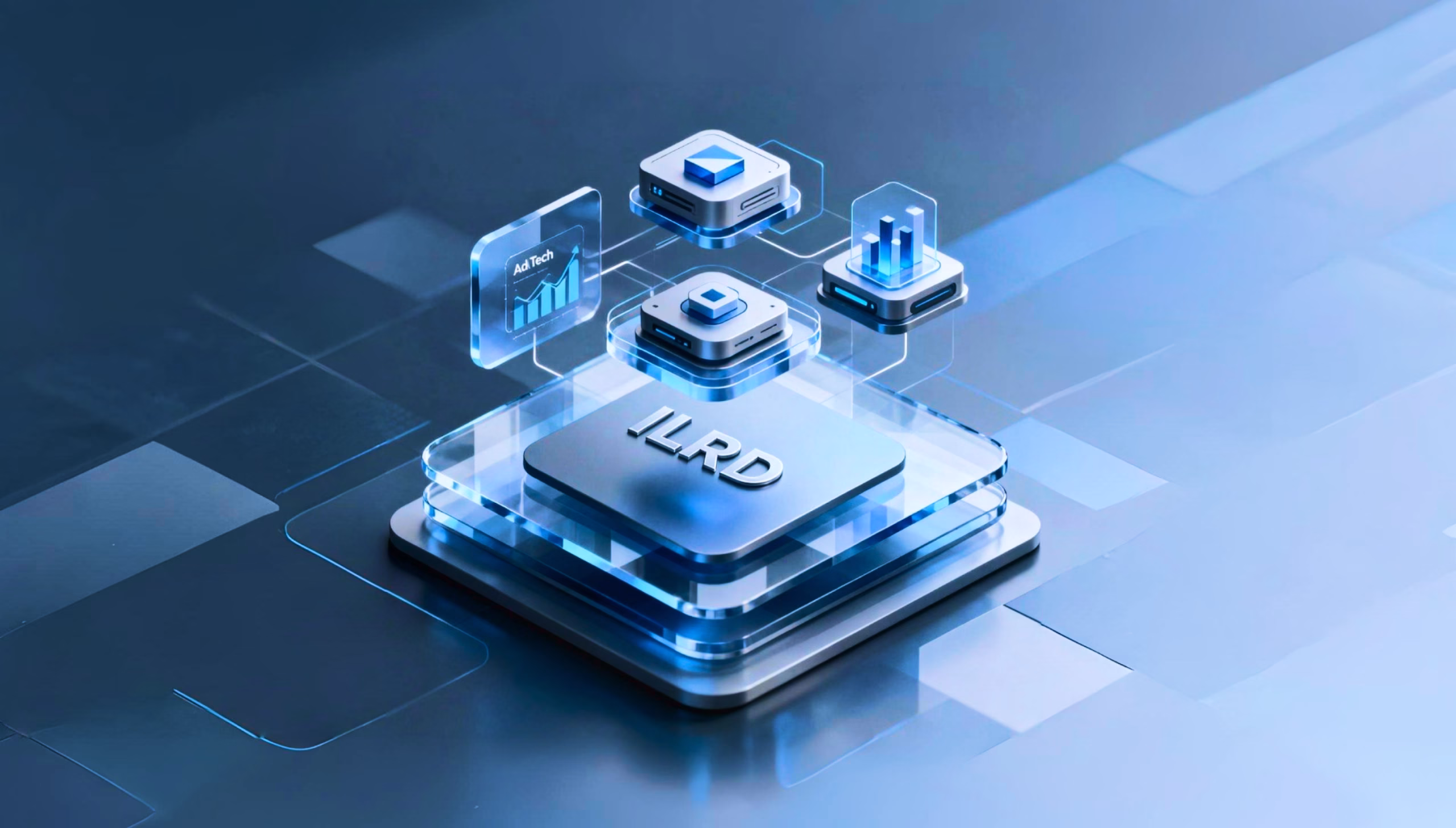Abstract 3D digital technology platform block representing ILRD Impression Level Revenue Data for mobile game monetization.