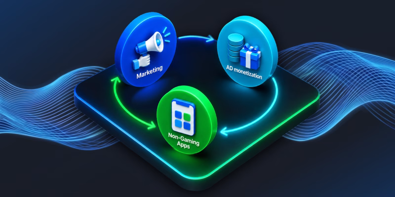Graphic illustrating a conceptual framework for Beyond Gaming Marketing and Ad Monetization, featuring 3D icons that represent the interplay between user acquisition and revenue generation.