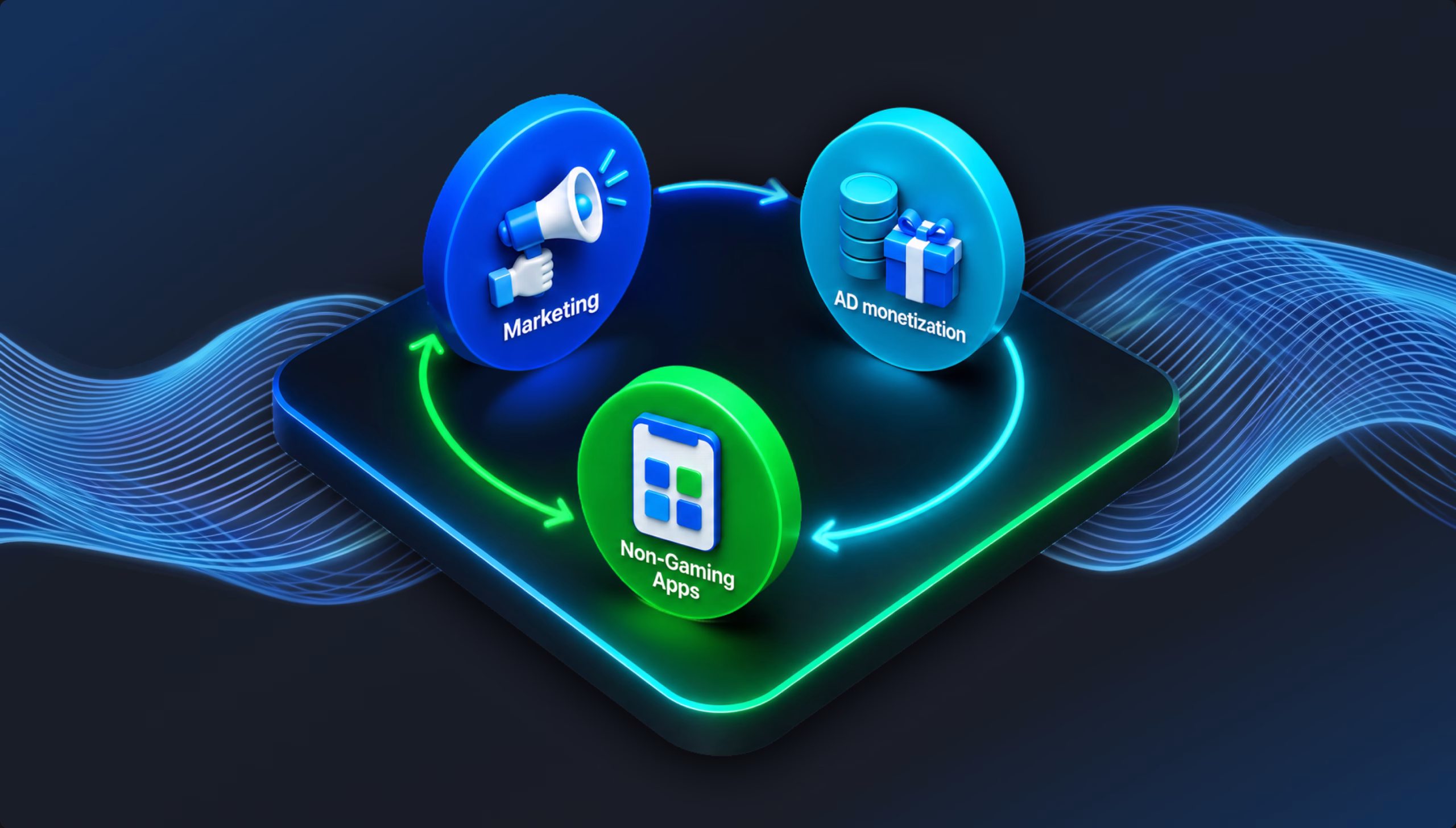 Graphic illustrating a conceptual framework for Beyond Gaming Marketing and Ad Monetization, featuring 3D icons that represent the interplay between user acquisition and revenue generation.