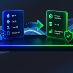 An abstract digital illustration showing mobile ad tracking identifiers like IDFA and GAID transitioning into secure, aggregated data privacy frameworks like SKAN and Privacy Sandbox.