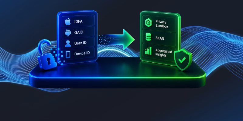 An abstract digital illustration showing mobile ad tracking identifiers like IDFA and GAID transitioning into secure, aggregated data privacy frameworks like SKAN and Privacy Sandbox.
