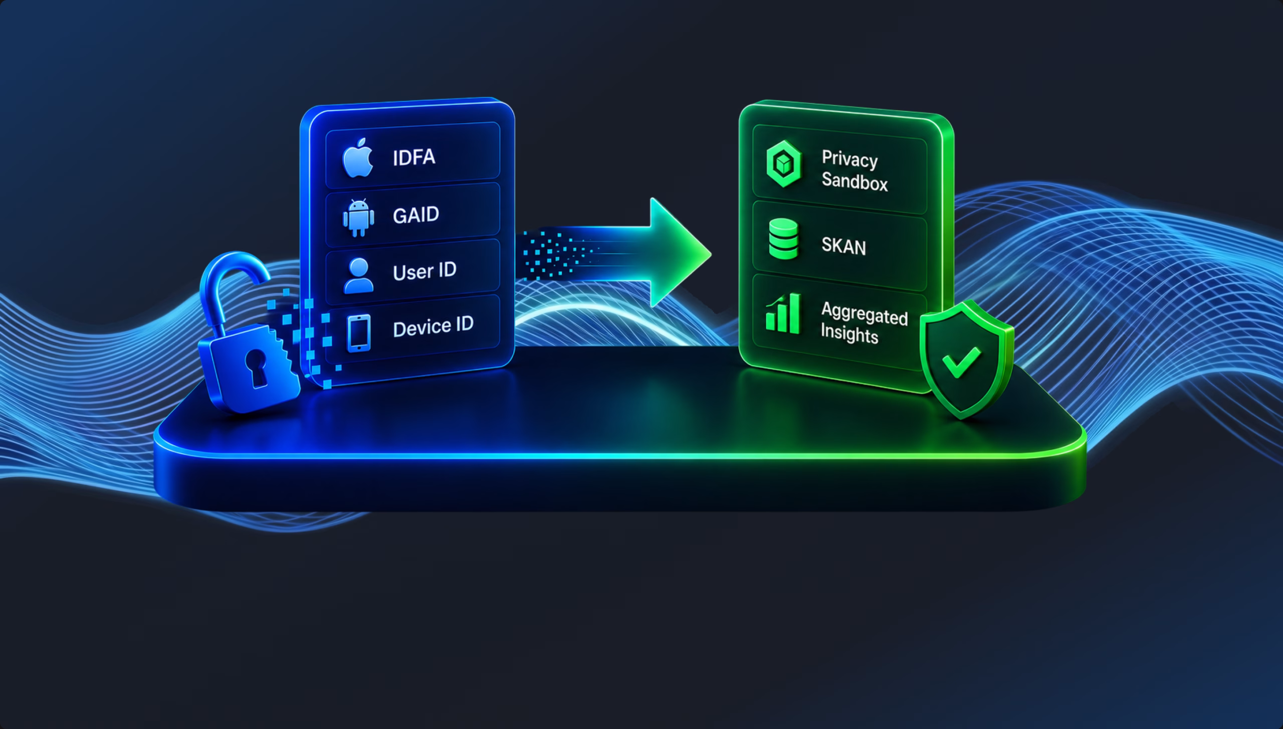 An abstract digital illustration showing mobile ad tracking identifiers like IDFA and GAID transitioning into secure, aggregated data privacy frameworks like SKAN and Privacy Sandbox.