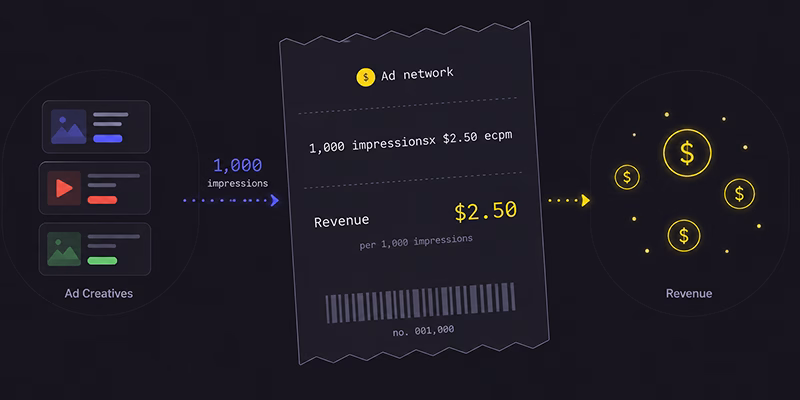 Dark infographic displaying mobile ad network eCPM calculations with 1,000 impressions yielding a $2.50 revenue.
