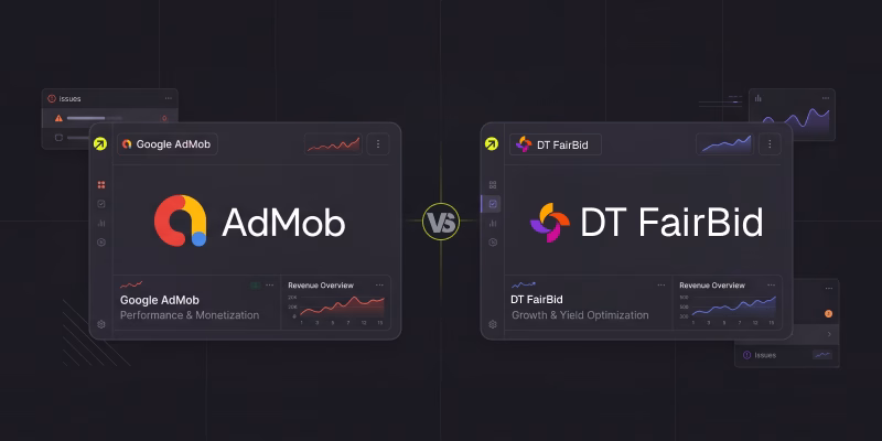 Comparison graphic between Google AdMob and DT FairBid mobile advertising platforms.