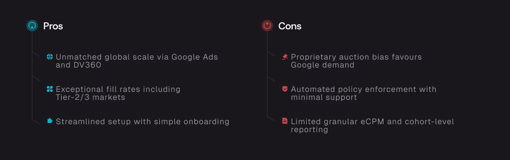 Extended infographic outlining additional cons and platform disadvantages of Google AdMob and DT FairBid.