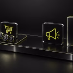 3D render illustration showing abstract e-commerce and mobile ad mediation icons (shopping cart and megaphone) on a dark metallic platform.