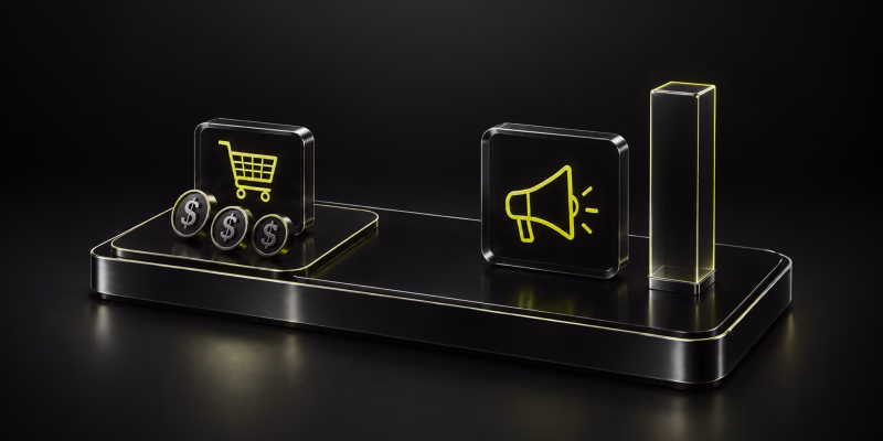 3D render illustration showing abstract e-commerce and mobile ad mediation icons (shopping cart and megaphone) on a dark metallic platform.