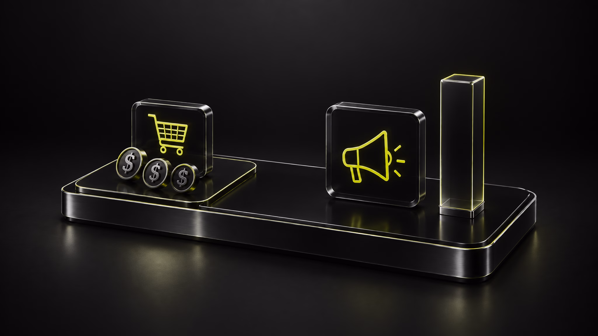 3D render illustration showing abstract e-commerce and mobile ad mediation icons (shopping cart and megaphone) on a dark metallic platform.