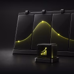 Abstract 3D graphic with dark panels, glowing yellow grid lines, and data metrics representing CAS.AI technology.