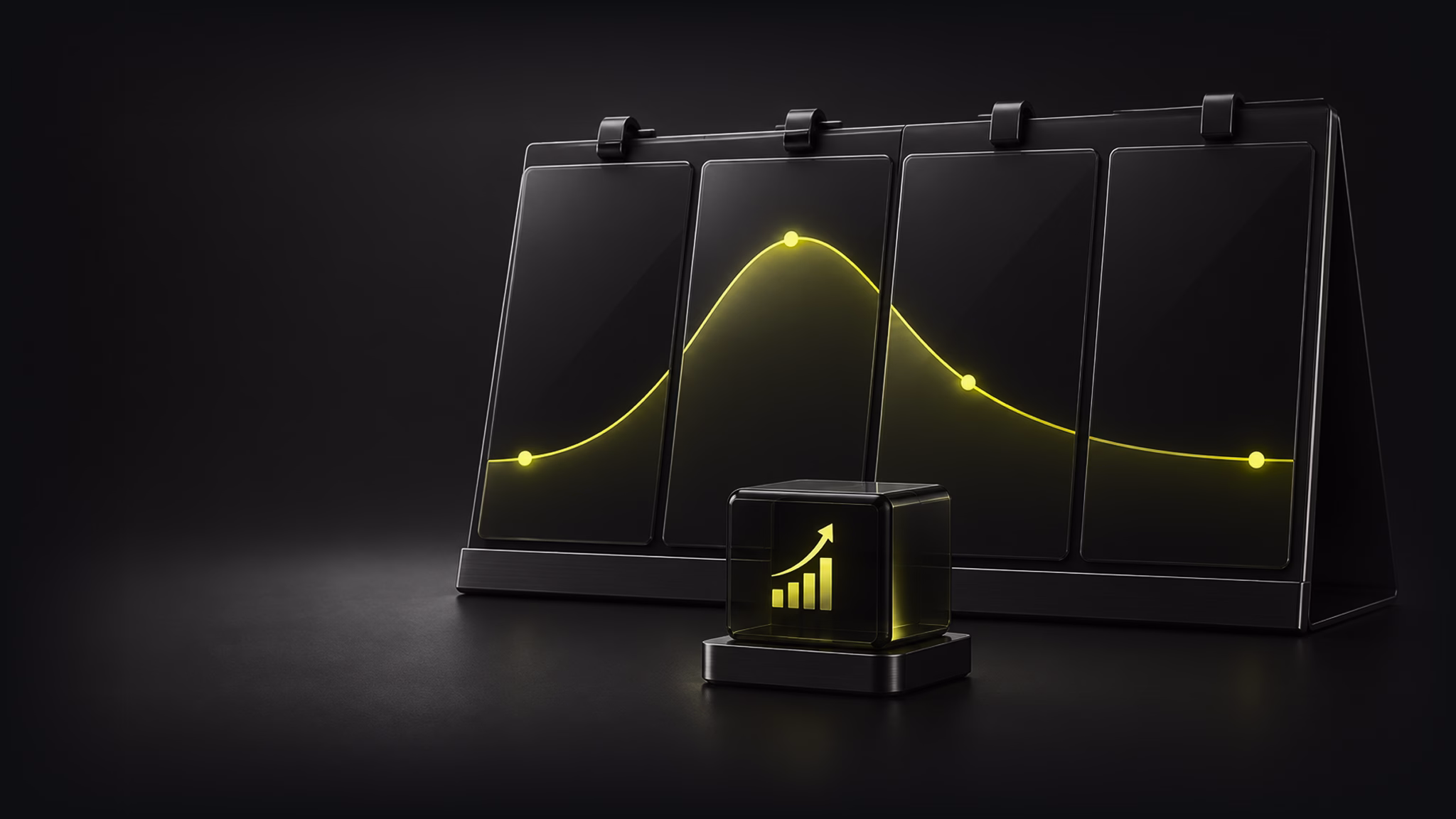 Abstract 3D graphic with dark panels, glowing yellow grid lines, and data metrics representing CAS.AI technology.