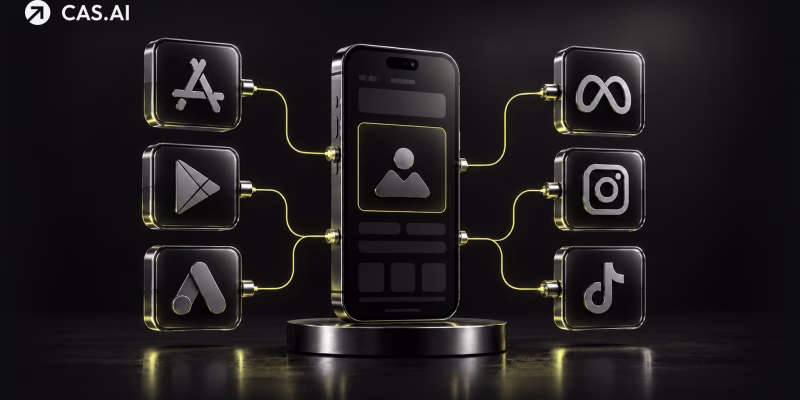 CAS.AI mobile ad mediation dashboard displaying real-time analytics and revenue metrics on a dark background.